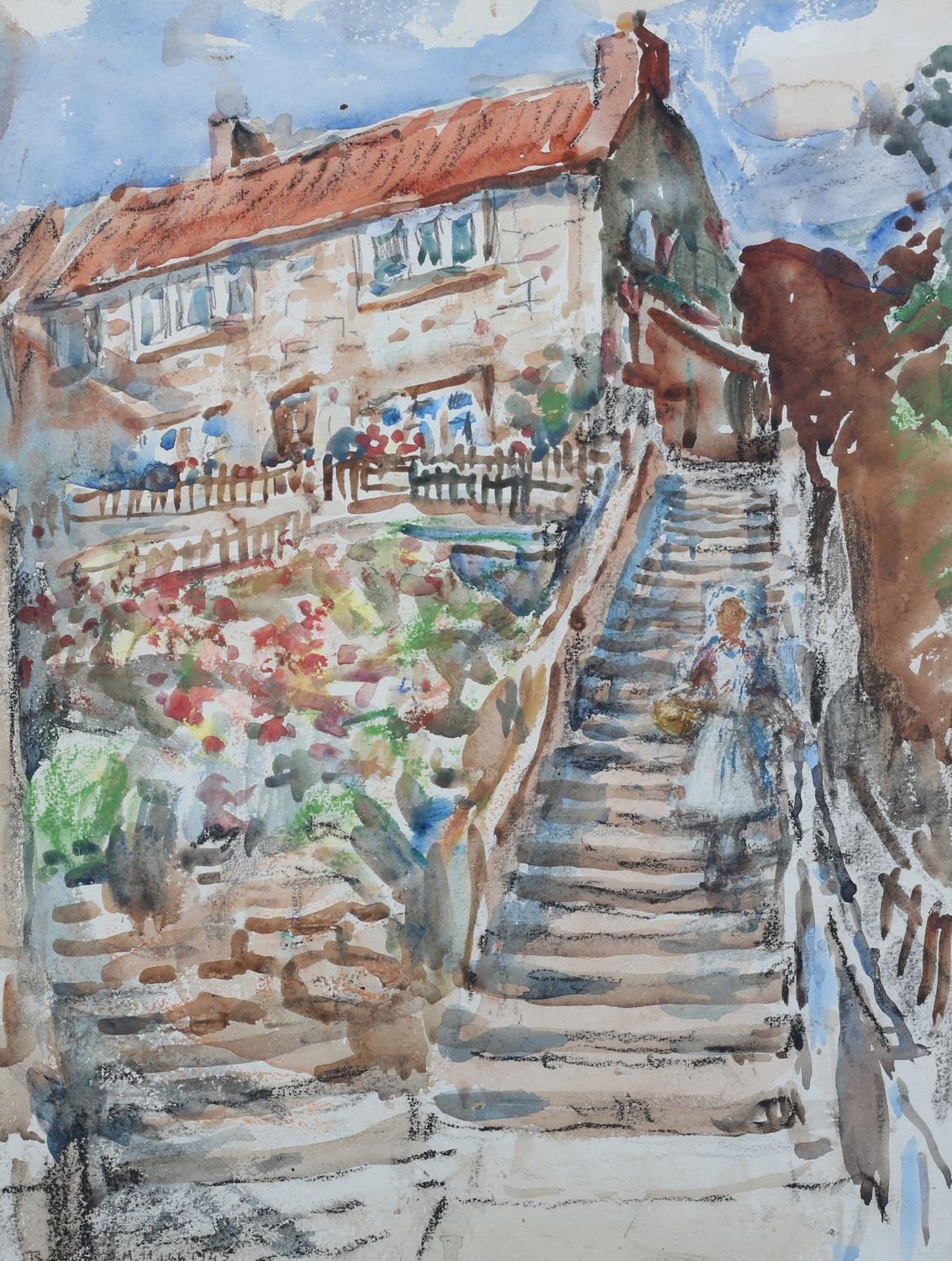 ROWLAND HENRY HILL (1873-1952), Cottage at Runswick Bay, with figure on steps, watercolour and