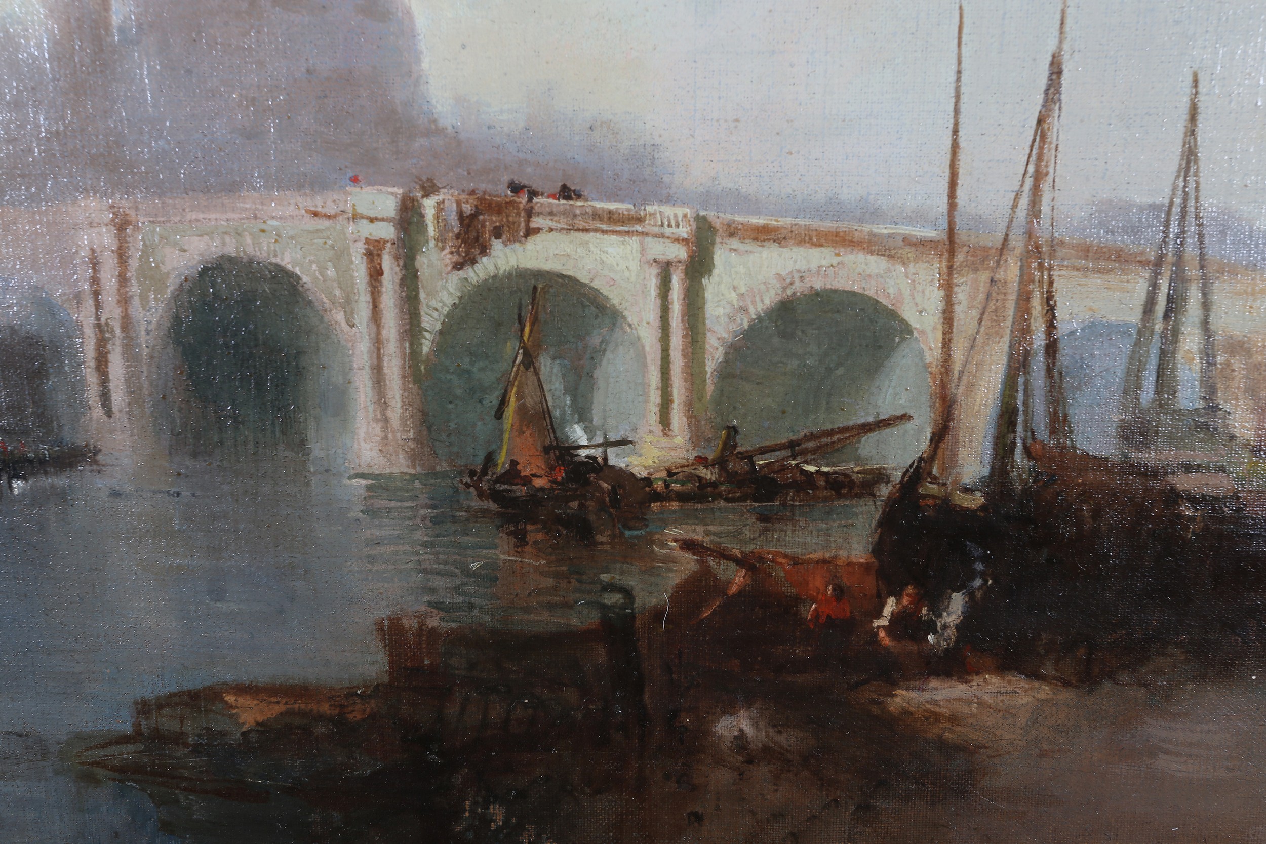 BRITISH 19TH CENTURY, St Paul's from the Thames, boats and figures along the riverbank, oil on - Image 4 of 5