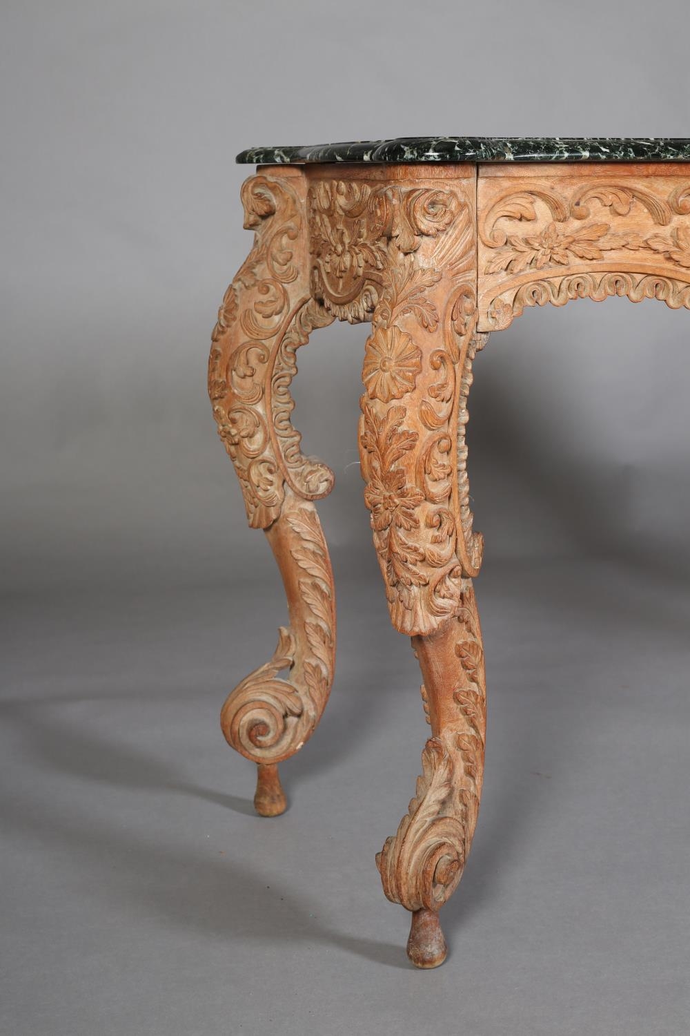 A 19TH CENTURY CARVED PINE AND GREEN MARBLE CONSOLE TABLE, of serpentine outline and apron, all over - Image 3 of 7