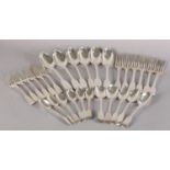 A MIXED SUITE OF GEORGE III / VICTORIAN FIDDLE PATTERN CUTLERY, comprising six table spoons, five