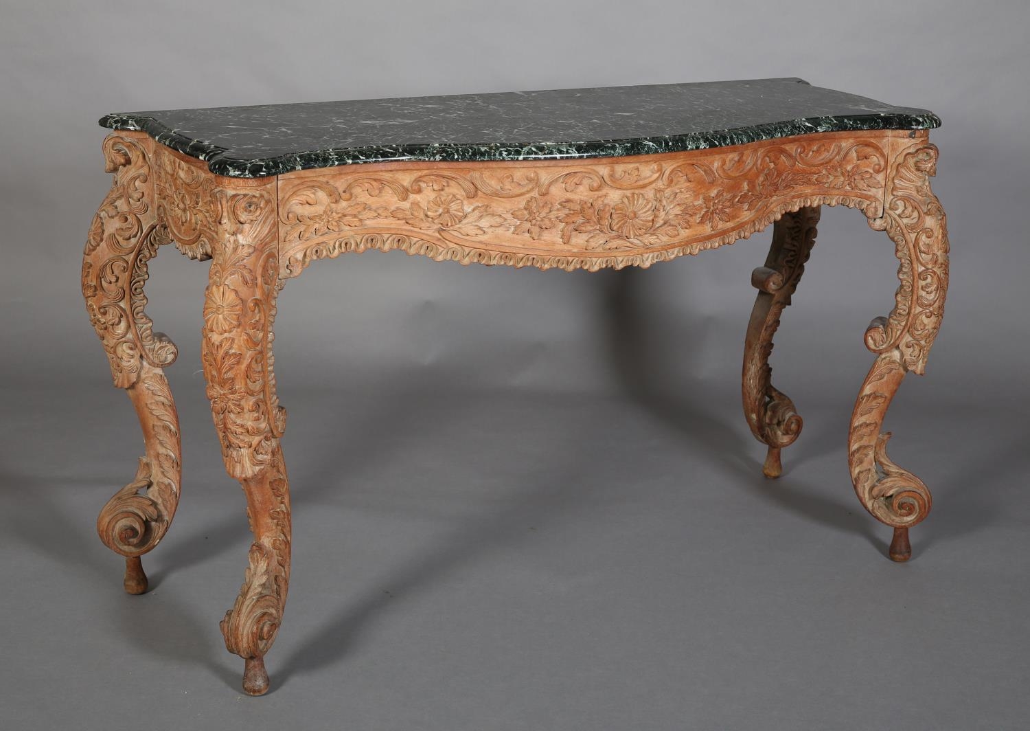 A 19TH CENTURY CARVED PINE AND GREEN MARBLE CONSOLE TABLE, of serpentine outline and apron, all over - Image 7 of 7