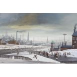 BRIAN SHIELDS BRAAQ (1951-1997) Winter city landscape with braaq lying in a snow drift, children