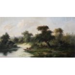 MANNER OF C F DAUBIGNY 19TH CENTURY, River landscape with figures in a punt, oil on canvas,