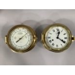 SHIP'S BULKHEAD CLOCK AND BAROMETER A PAIR, by Wempe Hamburg, both in brass cases with hinged