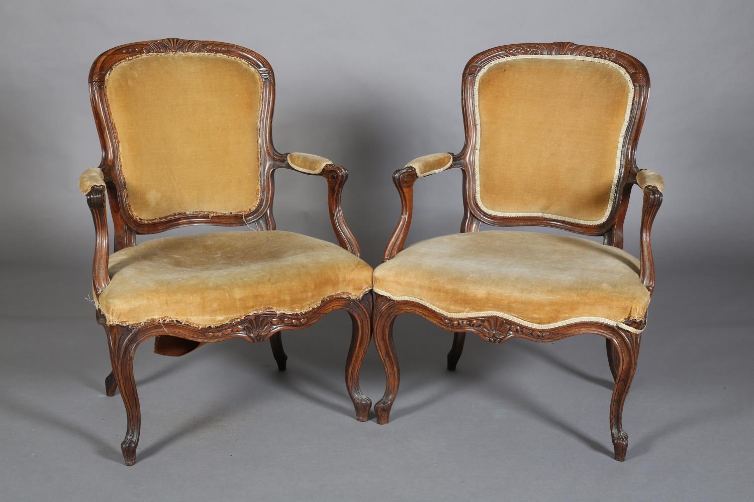 A PAIR OF LATE 19TH CENTURY WALNUT OPEN ARMCHAIRS IN THE FRENCH MANNER, having a moulded - Image 2 of 7