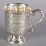 AN EDWARD VII CHRISTENING TANKARD, of helmet form with strap, C scroll handle over circular foot,