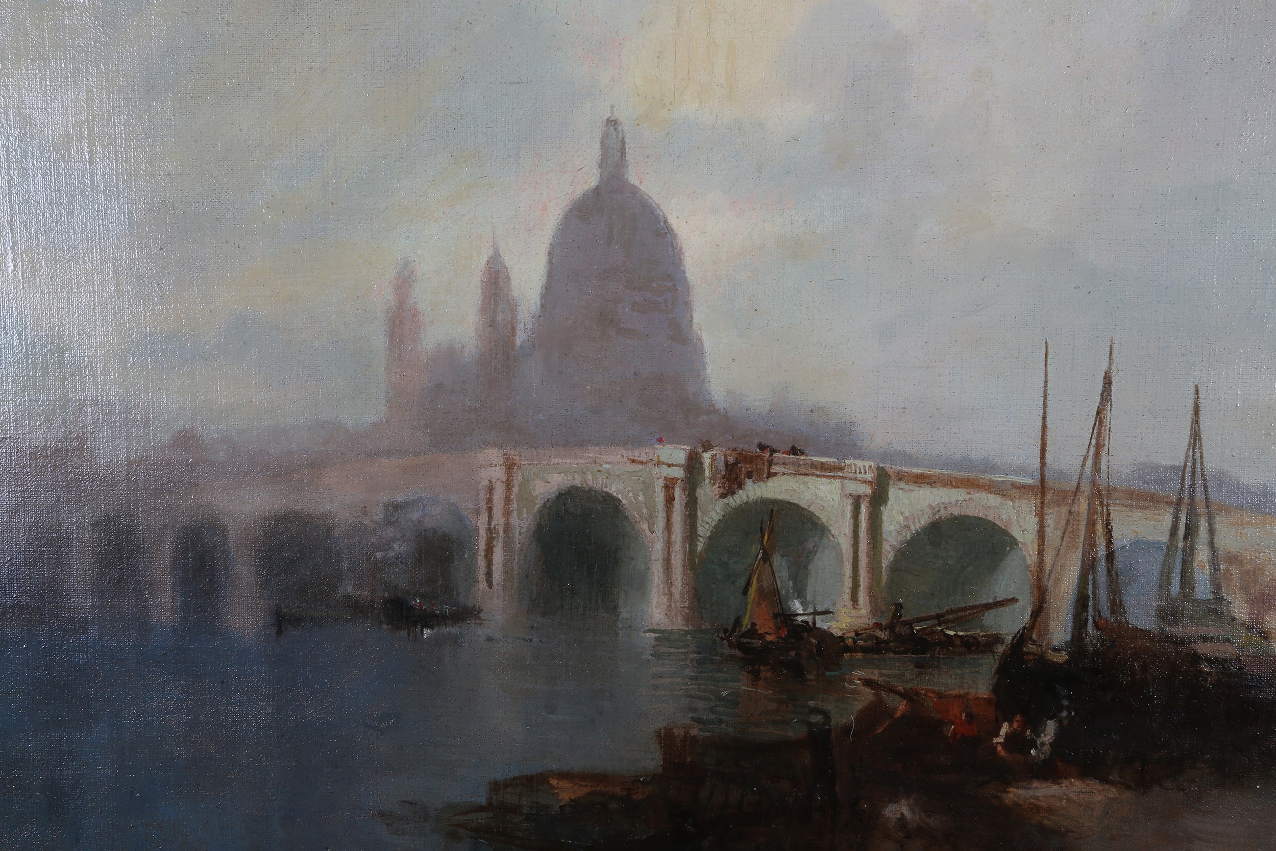 BRITISH 19TH CENTURY, St Paul's from the Thames, boats and figures along the riverbank, oil on - Image 3 of 5