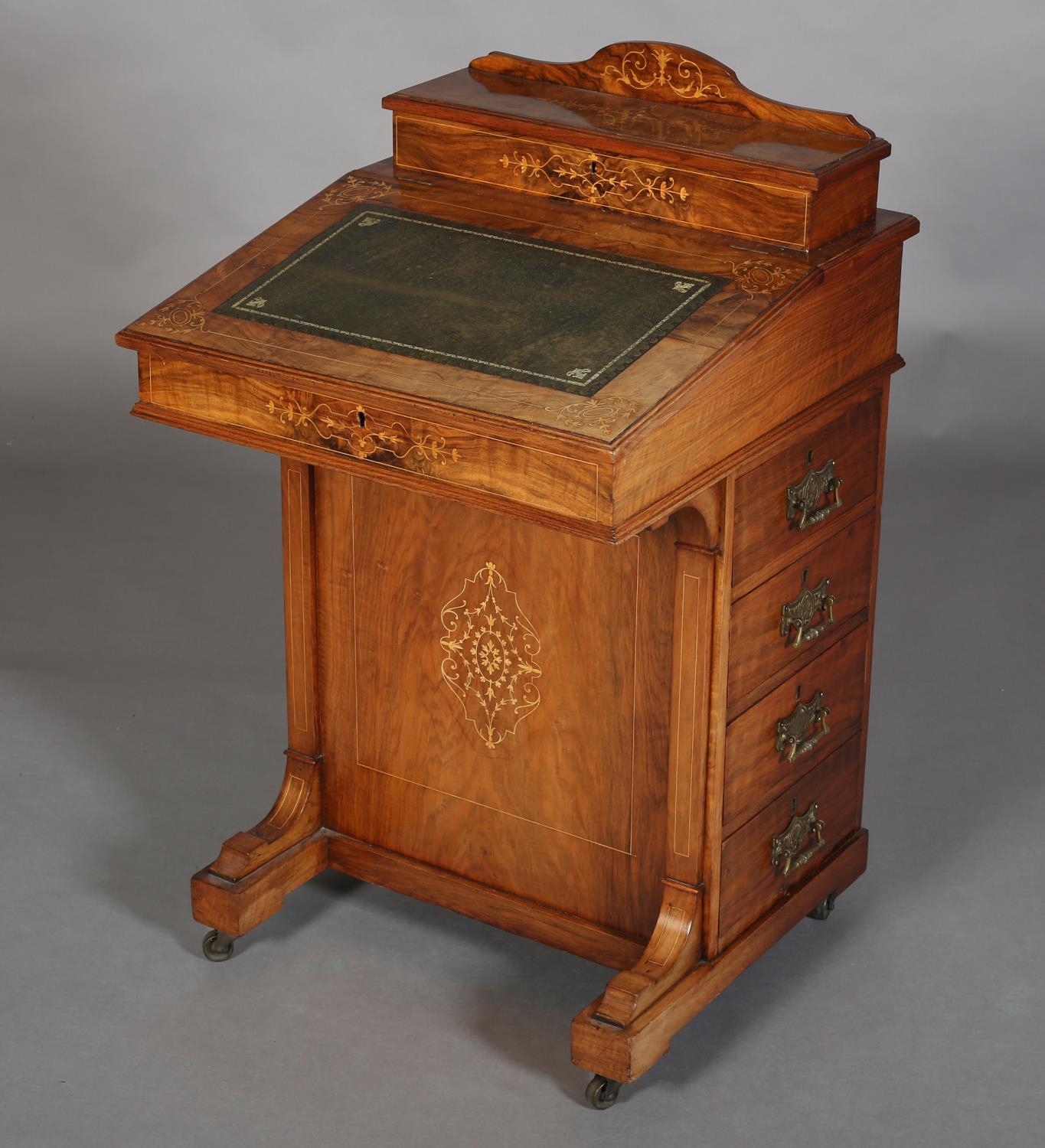 A 19TH CENTURY FIGURED WALNUT AND SATINWOOD INLAID DAVENPORT having a raised compartment, leather - Image 2 of 7