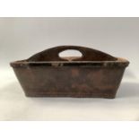 A LEATHER TWO DIVISION CUTLERY BOX WITH CARRYING HANDLE, early 20th century, 45cm wide x 30cm deep x