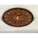 AN EDWARD VII MAHOGANY TRAY, two handled oval outline with gallery, inlaid in satinwood and harewood