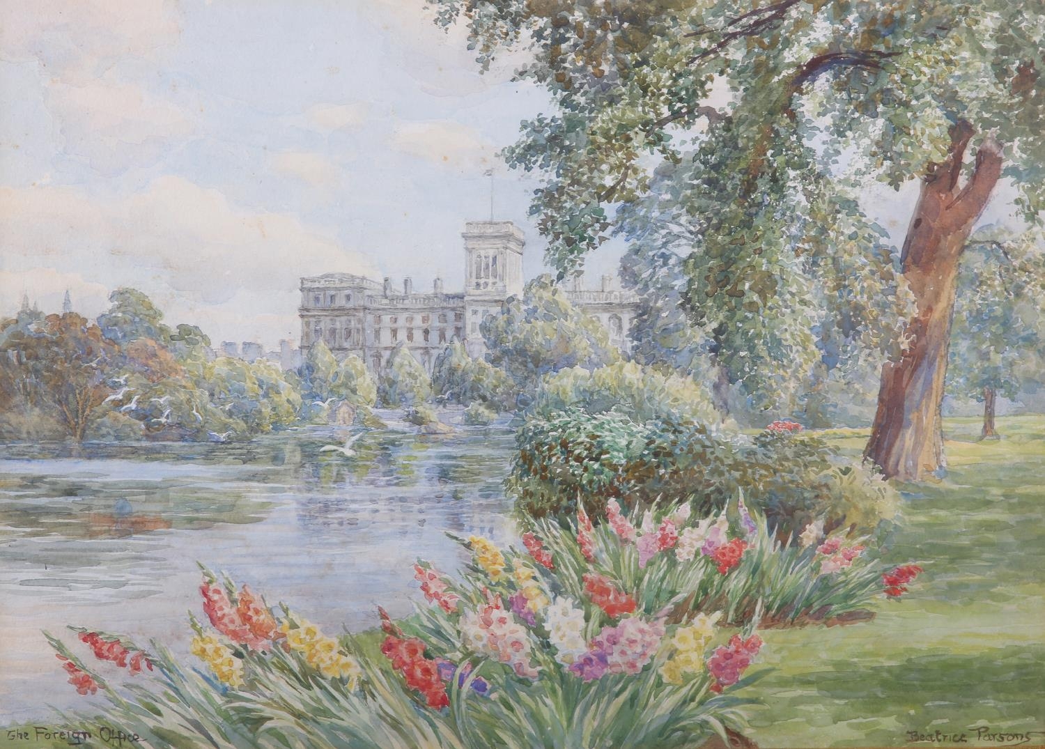 ARR BEATRICE PARSONS RA (1870-1955), 'The Foreign Office', St James's Park with iris, watercolour,