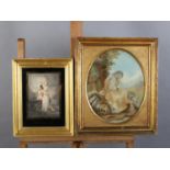 GEORGE III SILK NEEDLEWORK EMBROIDERY depicting lady in autumnal forest with dog, in gilt frame with