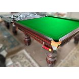 A VICTORIAN STYLE SNOOKER TABLE, full size, on turned legs, with cover, triangle, cues and rack,