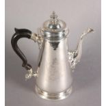 A GEORGE II SILVER COFFEE POT of tapered cylindrical form with domed cover and urn finial,