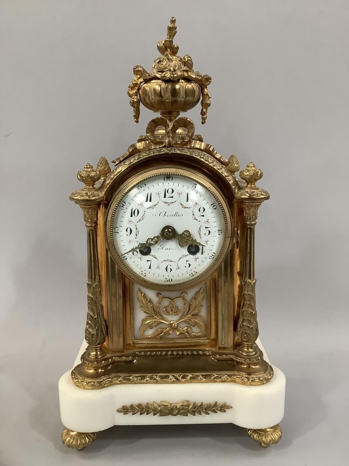 A 19TH CENTURY FRENCH ORMOLU AND ALABASTER CLOCK, with 8 day pendulum movement striking on one bell,