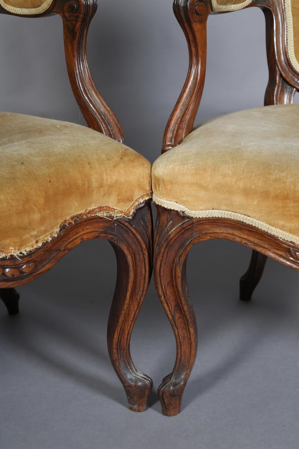 A PAIR OF LATE 19TH CENTURY WALNUT OPEN ARMCHAIRS IN THE FRENCH MANNER, having a moulded - Image 7 of 7
