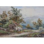 19TH CENTURY ENGLISH SCHOOL, Country women and dog before a roadside cottage, watercolour,