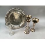 Two silver epergnes together with a cut glass vase with a silver rim, one silver plate charger and a