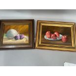 G L Dunsmore, still life of apples, another of beetroot, spring onions and a squash, oil on canvas