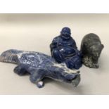 Lapus Lazuli crocodile with fish A/F, carved Candian soapstone bear on base together with