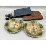 Pair of Victorian porcelain plates with illustrations by H.K Browne or 'Phiz' of classical scene