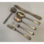 A Victorian silver christening set, Sheffield 1869 -1870 for Martin Hall & Co. The fork, spoon and