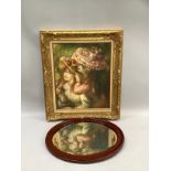 Oil on canvas of two girls in sun hats with flowers in heavily moulded gilt frame 59cm high by