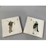 TWO LATE 19TH CENTURY CERAMIC TILES, painted with a figure of a fishing man and of an elder, in