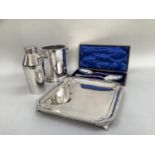 Elkington and co. silver plated cocktail shaker, two handled wine stand and square salver with