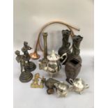 Pair of spelter vases relief moulded with foliage, silver plated coffee pot, milk jug and sugar