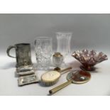 Pewter tankard with stamp to side, cut glass vase and another, carnival glass dish, Colibri gilt