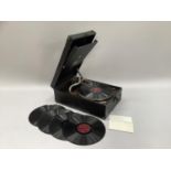 His Masters Voice gramaphone in black bound case with handle, containing Grus Aus Davos record