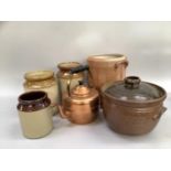 Quantity of stoneware jars, copper kettle etc