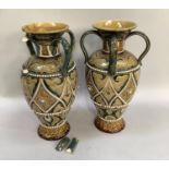 Pair of Royal Doulton Lambeth vases by Frank A Butler, nouveau style with incised foliate decoration