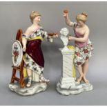 Two continental porcelain figures modelled as painter and sculptor in floral gowns on naturalistic