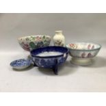 A Victorian Reeth ironstone punch bowl on foot decorated with foliage together with another oriental