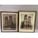 After William Monk (1863-1937), Notre Dame and Laon cathedrals, two coloured etchings, signed in