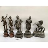 Two spelter Classical Roman centurions on ornate bases, signed Vadaen, together with another spelter