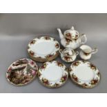 Royal Albert Old Country Roses dinner and teaware comprising teapot, lidded sugar bowl, milk jug,