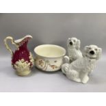 Pair of Staffordshire style spaniels, chamber pot, porcelain jug etc.