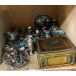 A quantity of pewter and metal ware comprising tankards, salvers, napkin rings, sugar bowls,