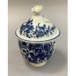 An 18th century Caughley blue and white 'Chinese Fence' pattern sugar bowl and cover, the cover with