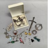 A collection of silver jewellery, including a pair of enamel and silver gilt ear clips by David