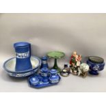 Quantity of Sylvan jasperware large bowl, jug, vase etc. overpainted flatback figure group,