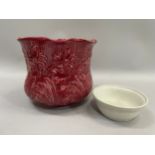 Burgundy jardiniere moulded in leaf forms, 22cm high together with earthenware bowl
