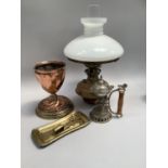 Copper oil lamp with opaque glass shade, copper wrythen lamp base and brass Arabic incense burner