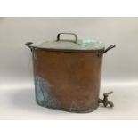 A large copper two handled vessel with lid and brass spigot, approximately 41cm high by 59cm wide