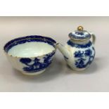 Late 18th century miniature pearlware teapot, 12cm high together with Caughley fluted bowl both