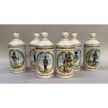 Six Warin Limoges commemorative apothecary jars with covers bearing examples of regimental