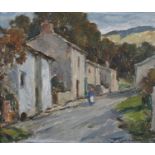 ARR OWEN BOWEN (1873-1967), Village Street with figure, oil on board, signed to lower right, 18cm